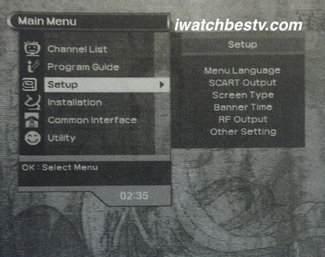 Direct TV Satellite: The Setup Function Displaying on the Main Menu.